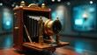 © Maryna - Retro photo camera. Antique wooden camera on desk in studio. Classic photo tech is exhibition object. Vintage photography equipment. Photo creation history. Old camera lens on aged object.