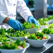 © Shousei - 中立的なラボ照明が広がる清潔な食品製造ラインで、衛生手袋を着用した手元がサラダボウルに新鮮な葉物野菜を丁寧に配置するクローズアップ。透明容器とステンレス設備、流れるコンベアが、衛生管理と効率的なプロダクションを印象づけます。