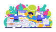 © Vector Solution - Stressed man overwhelmed by huge piles of paperwork and data screens Office workload and burnout concept
