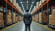 © Maryna - Businessman stands in distribution warehouse among shelves with boxes. Manager oversee cargo at logistic center. Man controls transportation supply chain service at industrial storage building.