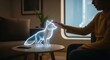 © Maxpoint Imran - Person interacts with glowing holographic fox projection on a table in a dimly lit room