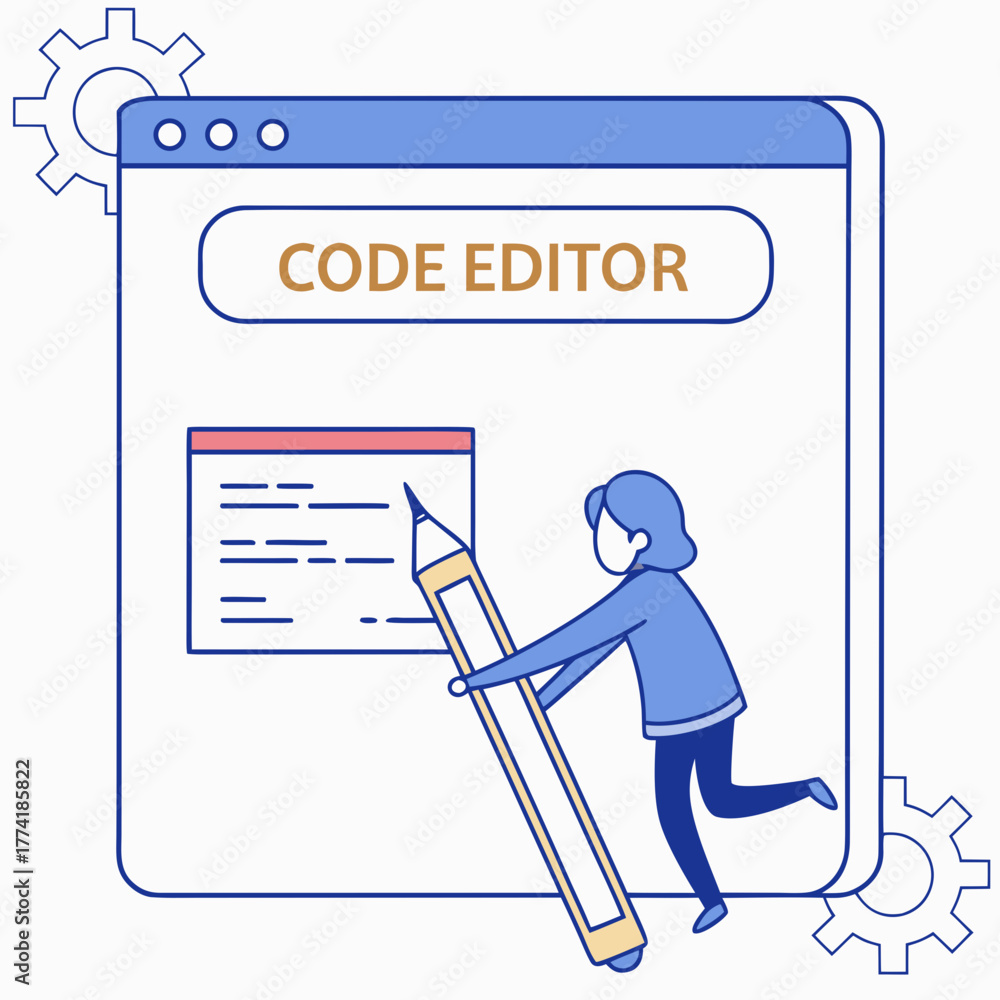 Code Writer Drawing Person using a pencil to write in a code editor window coding ...
