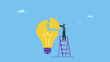© Saklarboy - Smart businessman assemble last piece of jigsaw to complete lightbulb idea puzzle. Solve business problem with creativity, finishing or complete brilliant idea, work solution or business idea.