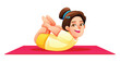 © YG Studio - Smiling girl practicing the Bow Pose (Dhanurasana) on a mat, lying on her stomach and holding both feet with her hands. Vector cartoon character illustration