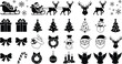 © MDBENJIR - Christmas silhouettes vector illustration, Santa sleigh reindeer snowflakes gifts trees snowman wreath stockings bows ornaments angels candles, festive holiday icons, black minimal design