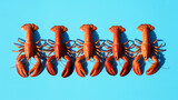 Five Vibrant Lobsters in a Row on a Bright Blue Background, perfect for Seafood Imagery