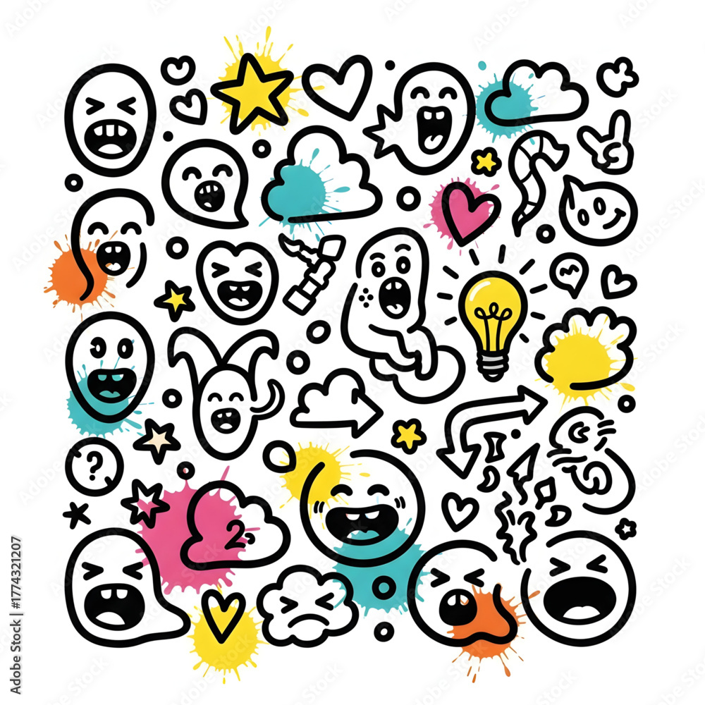 Creative cartoon doodle icons set with expressive splash face, hearts, stars, and idea bulbs for decor