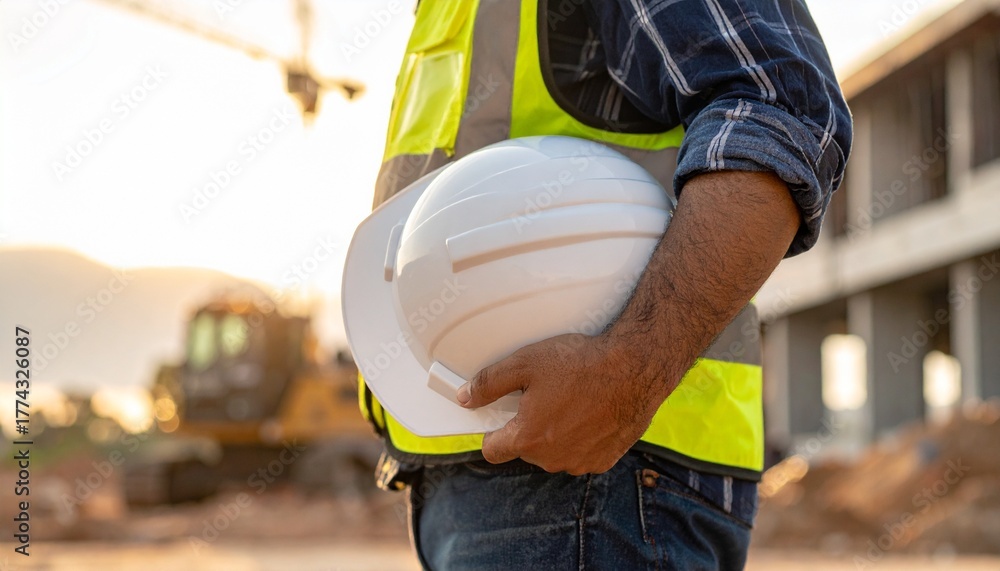 Professional construction worker in a safety vest holding a hard hat ...