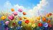 © Chomillera - Vibrant gouache illustration of a cheerful wildflower meadow blooming under a serene blue sky, capturing the joyous essence of nature's beauty in full spring splendor