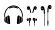© Taylor - Various types of headphones and earbuds in a black and white design