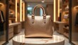 © Vadym - Gold luxury handbag on display. Purse with handles on marble table. Accessory in retail store. Fashion design, elegance, style, glamour for woman in fashion shop.