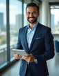© Vadym - Smiling latin businessman manager holds tablet computer, happy hispanic executive looks at camera. Man stands in modern office, working with tech. Confident professional uses app.