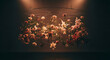 © Muhammad - Floral arrangement hanging from a metal hoop with roses lilies and other flowers in dark room ai generated