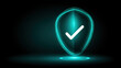 © Keopaserth - Neon green shield with check mark glowing on dark background, futuristic digital security concept with holographic light and data protection atmosphere