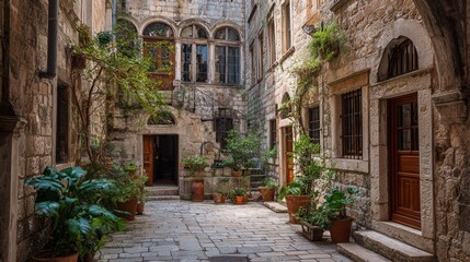  old european courtyard, stone walls and windows, rustic urban background