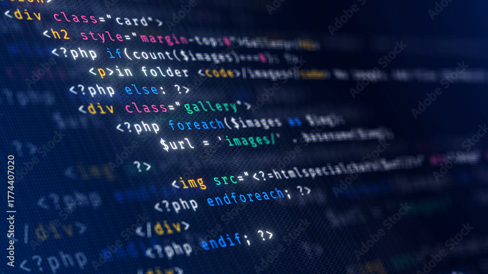 Code, HTML, php web programming source code. Abstract code background