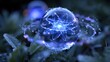 © TPS Studio - A glowing, blue spherical object surrounded by water droplets, set against a blurred green background, evoking themes of science and atom imagery.