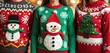 © Vadym - Three people wearing funny ugly Christmas sweaters with bright unique designs. Garish holiday knitwear features large snowmen, festive tree, snowflake patterns. Friends enjoy cheerful winter