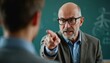 © Vadym - Stern male teacher scolds student pointing finger in classroom. Angry professor warns pupil with serious expression. Strict bald educator disciplines boy, talks about rules, bad behavior at school.