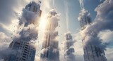 Tall modern skyscrapers disintegrating into clouds and debris against a sunlit sky.