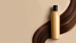 © jiratip - A bottle of shampoo and a strand of brown hair, representing beauty and personal care. The arrangement creates a sense of elegance and care