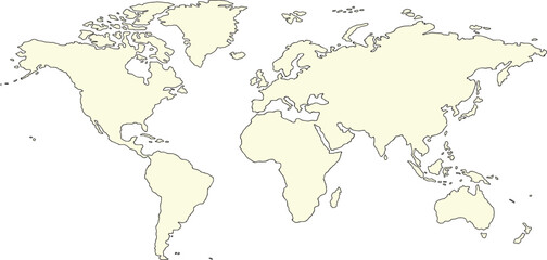  Black blank vector silhouette world map | High detail flat earth template illustration isolated on white background | High resolution contour in Mercator projection