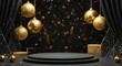 © Lenka - Luxury black podium stage with golden Christmas baubles, velvet curtains, and festive bokeh lights. Elegant holiday background for product display.