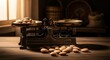 © Candra - Almonds And Scales: Depicting Vintage Measuring Against Rustic Wooden Backdrop