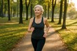 © Loginova - Active senior woman jogging on a tree-lined path in a park on a sunny day, staying healthy and fit.