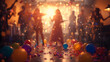 © Rizka - Vibrant atmosphere of a celebratory gathering with friends dancing amidst a shower of golden confetti and colorful balloons on the floor