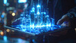 © Monmeo - Digital Cityscape: A person delicately holds a digital model of a cityscape, glowing with futuristic, interconnected lines. It embodies the concept of modern technology and urban design.