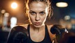 © akhmad - Intense female boxer stares intently, prepared for the challenge, in a dimly lit gym environment