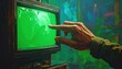 © graphic - Close-up of an aged hand touching a classic, outdated TV screen glowing green, set against a blurry, colorful backdrop