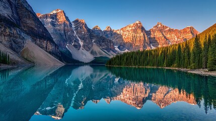  Stunning Alpine Lake with Crystal-Clear Turquoise Water Reflecting Mountain Peaks in Golden Sunrise Light, Banff National Park, Dramatic Landscape Photography