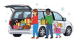 © Avra - Family loading gifts into a van for the holidays with snow in the background, festive and joyful