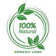 © RaselCreativeWorks - Green circular emblem with swirling lines and leaves signifying 100 percent natural and organic product certification and branding