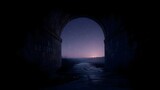An ancient stone archway reveals a starry night sky over a misty distant landscape