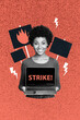 © deagreez - Creative trendy collage photo of happy girl rebellion activist hold laptop strike agitation pressure lightning riot concept