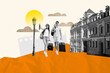 © deagreez - Trend artwork template design 3d collage sketch of two happy girl guy couple walk city building vacation carry suitcase honeymoon