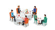 © Santiago - Isometric afternoon tea gathering with people at round tables