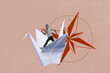 © deagreez - Exclusive 3d image full photo collage of happy guy run paper plane swan bird flight summer adventure travel compass journey