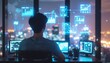 © photostockatinat - A person working in front of monitors with data visualization, modern technology concept. The scene conveys a sense of innovation and forward-thinking, a person focused on technology.