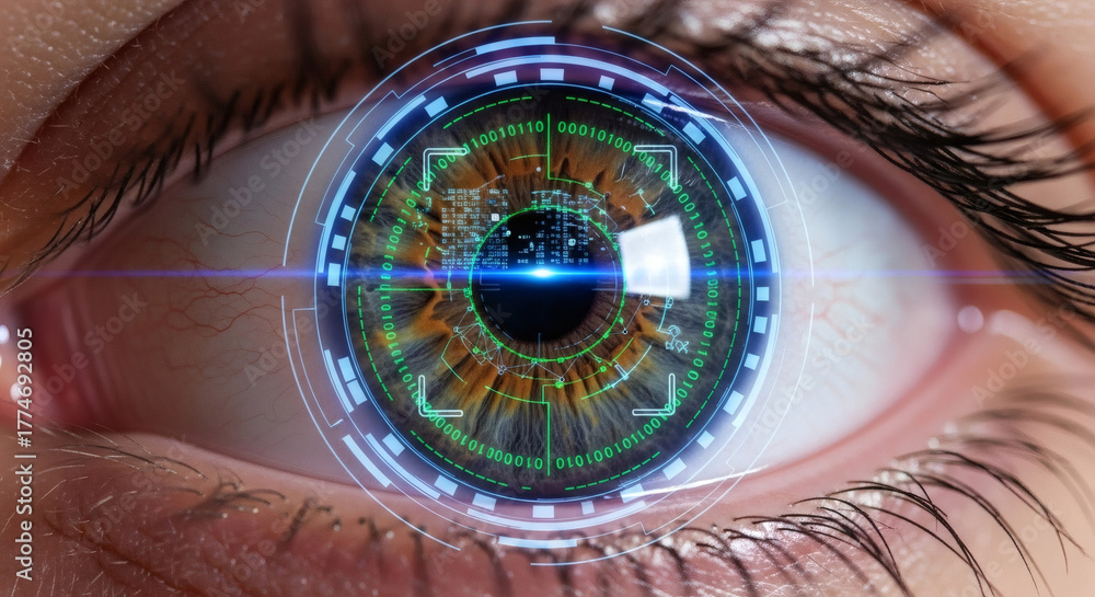 Macro close-up of a human eye with a futuristic glowing blue and green ...
