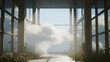 © 용호 전 - cinematic realistic image of a modern hallway where clouds drift beside large windows