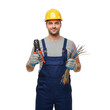 © sujon1638 - A smiling male electrician wearing a yellow hard hat and blue overalls holding wire cutters and a bundle of wires isolated on transparent background
