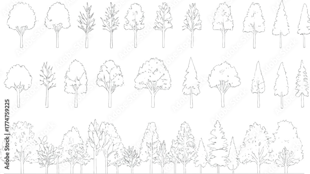 Tree Layout Lines Minimal style cad tree line drawing, Side view, set of graphics trees ...