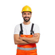 © sujon1638 - Smiling construction worker wearing a yellow hard hat and orange overalls with arms crossed isolated on transparent background