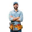 © sujon1638 - Smiling bearded handyman wearing blue denim shirt and cap with tool belt arms crossed isolated on transparent background