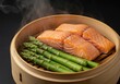 © retirementfun - Close-up view of fresh green asparagus and salmon fillets cooking healthily inside a classic bamboo steamer basket, rising vapor visible ,meal ,steamed ,organic