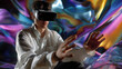 © Laura - Faceless designer moving in slow motion, VR headset illuminated by reflections of abstract color fields, with copy space.